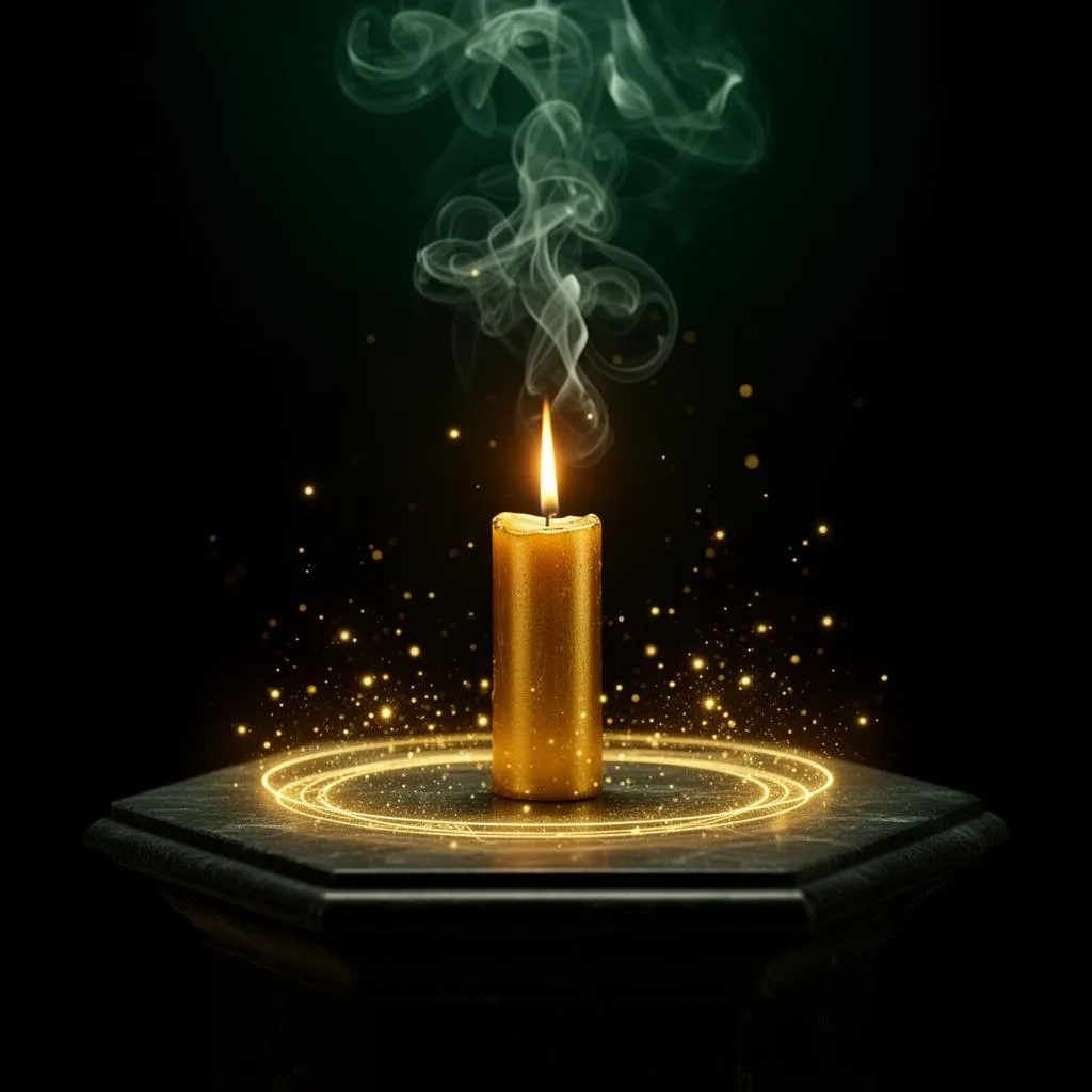 Vela dorada encendida en altar místico con círculo de protección espiritual